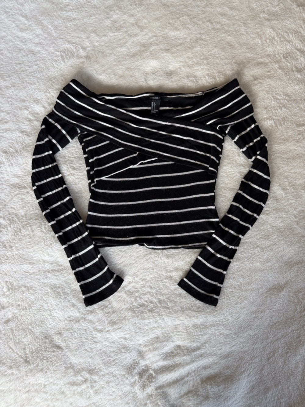 Forever 21 Black & White Striped Off-Shoulder Wrap Crop Top